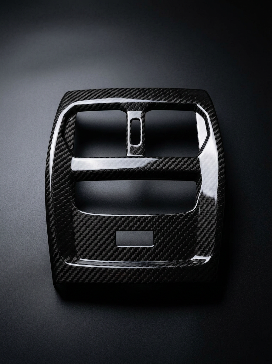 BMW 3 Series G80 G82 M3 M4 carbon fiber rear console trim from K2 Industries, showcasing sleek textured interior enhancement.