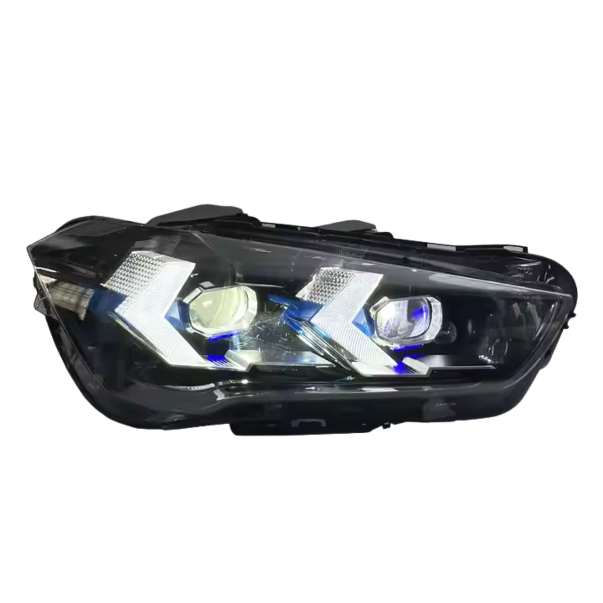 BMW X1 F48 LED headlights by K2 Industries, arrow style, installed on 2016-2022 model, showcasing modern lighting design.