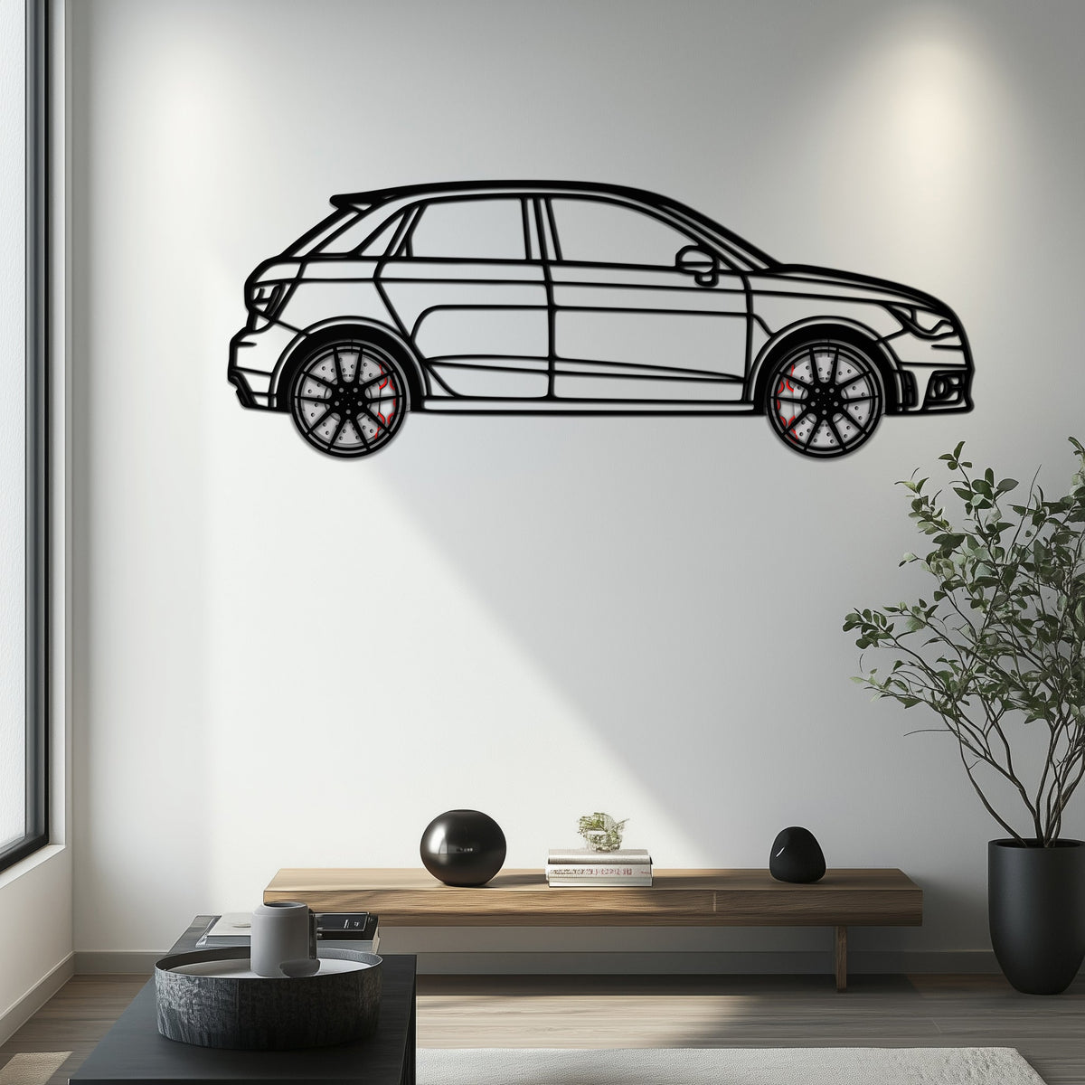 Audi A1 Metal Car Wall Art with Rotating Wheels - Handmade Car Silhouette Decor - Automotive Wall Art for Petrolheads-KAFMEKA094