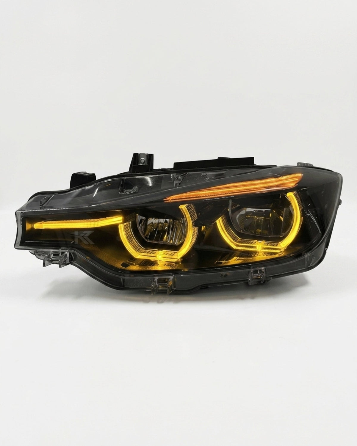 BMW 3 Series F30/F31/F35 V3 smoked LED headlight assembly with white, yellow, and red DRL, for 2012-2018 models.