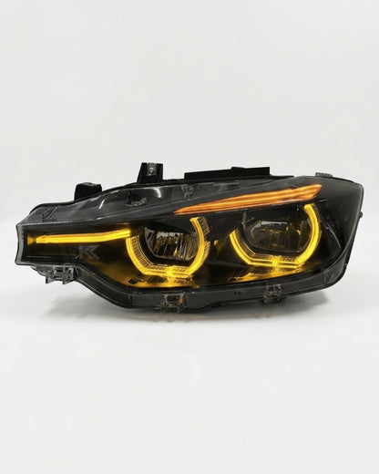 BMW 3 Series F30/F31/F35 V3 smoked LED headlight assembly with white, yellow, and red DRL, for 2012-2018 models.