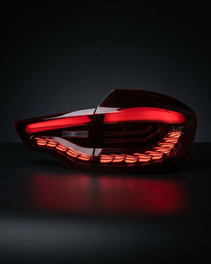 BMW X3 G01 and iX3 G08 LED GTS Dragon Scale style taillights in red or black by K2 Industries, showing close-up of tail light design