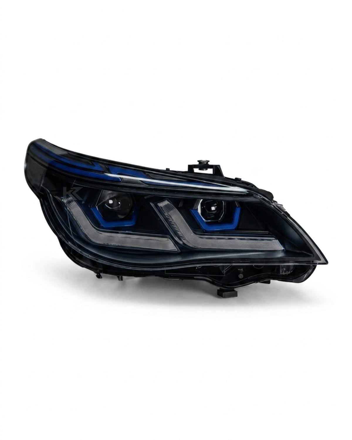 BMW 5-Series E60 E61 2003-2010 LED headlights by K2 Industries, modern style with clear lens and integrated LED daytime running lights