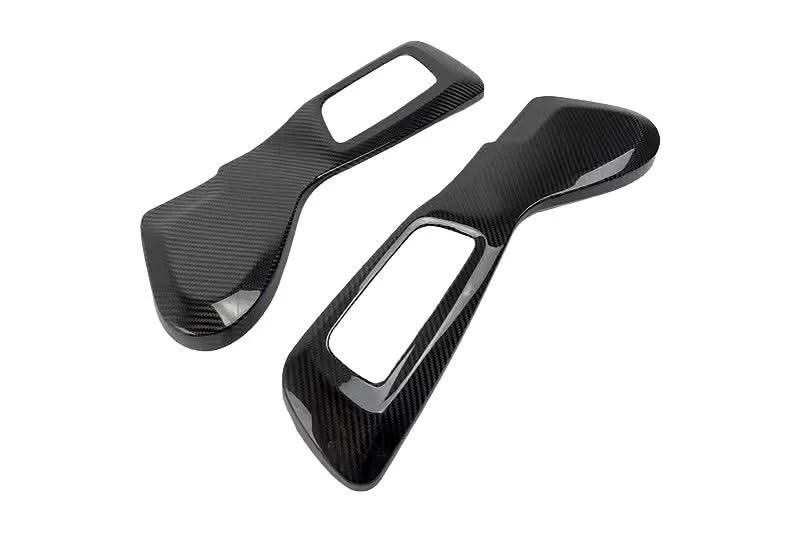 BMW 3 Series G80 M3 G82 M4 carbon fiber interior side seat trim frame panel cover bezel by K2 Industries, close-up view.