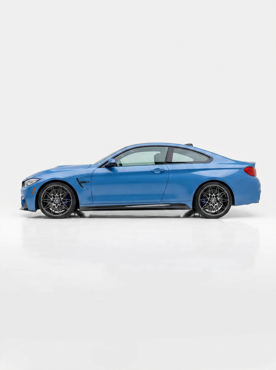 K2 Industries carbon fiber side skirts for BMW 3 Series F80 M3 and 4 Series F82 M4, sleek performance styling for 2015-2019 models