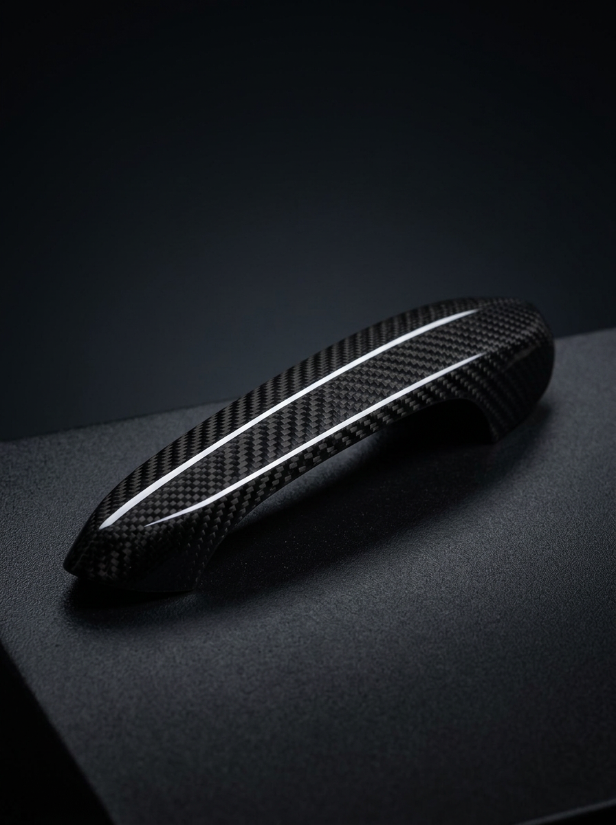 BMW 4 Series G82 M4 carbon fiber door handle cover by K2 Industries, close-up view showing textured black finish.