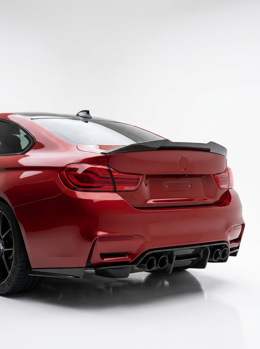 BMW 4 Series F82 M4 PSM Style carbon fiber trunk spoiler by K2 Industries, showcasing sleek, lightweight aerodynamic design.