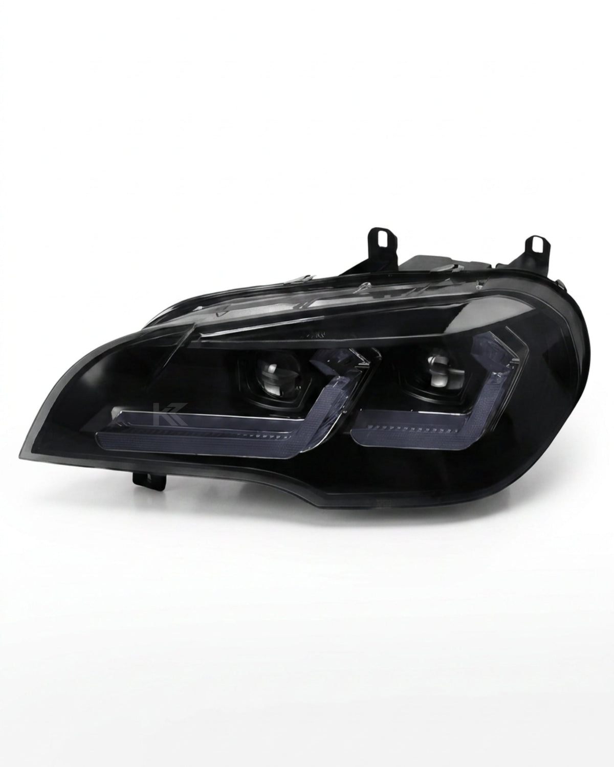 BMW X5 E70 LED headlights by K2 Industries, model "TRON," installed on 2007-2013 SUV, showing sleek headlight design and LED details.