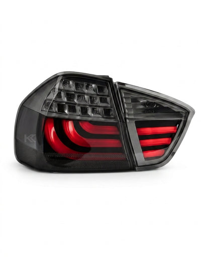 BMW 3-Series E90 tail light upgrade by K2 Industries showing a sleek, clear tail light assembly for model years 2006-2009.