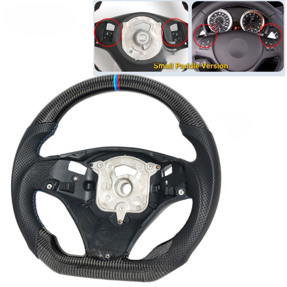 Vekto real carbon fiber steering wheel for BMW E90 E92 E93 M3 328i 335i 135i 2007-2013, close-up of textured carbon fiber surface