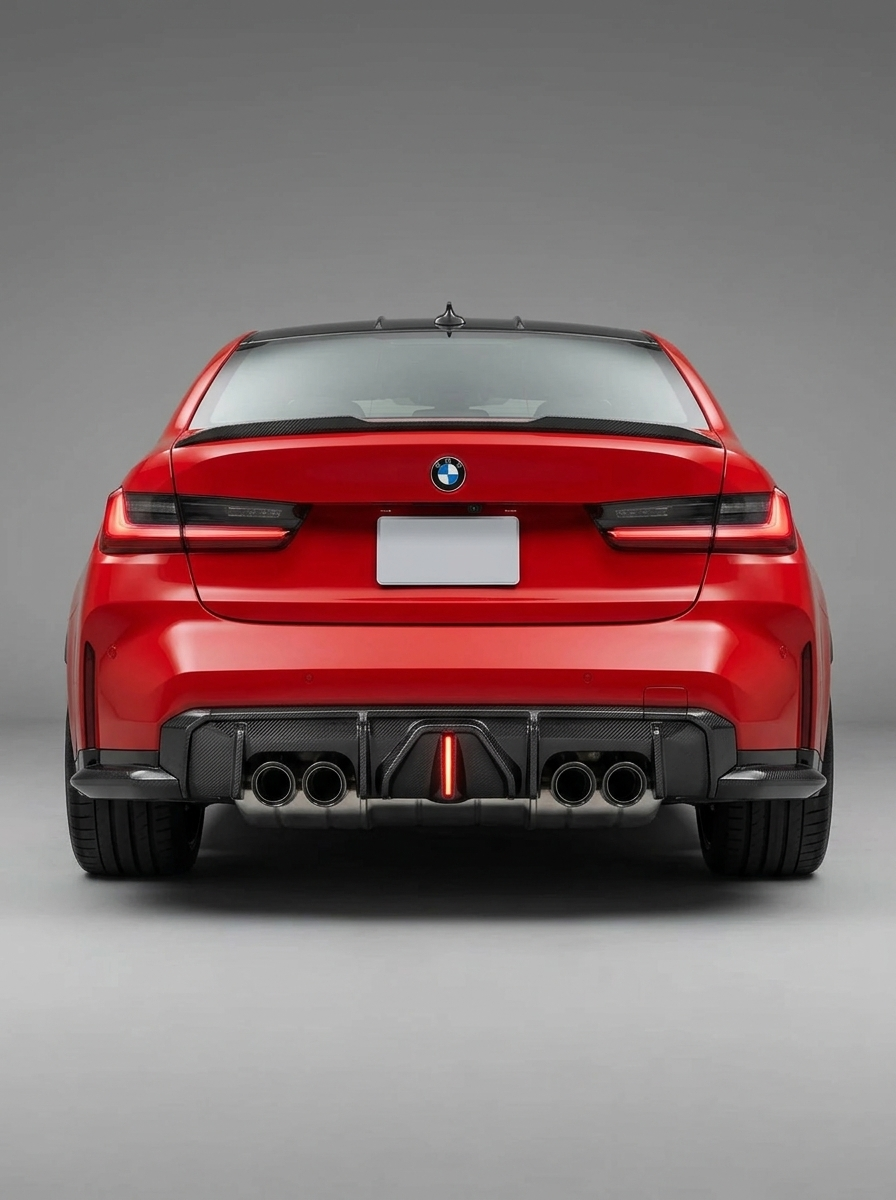 BMW 3 Series G80 M3 G82 G83 M4 carbon fiber rear diffuser with integrated LED lights from K2 Industries, for 2019-2024 models.