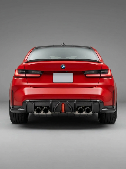 BMW 3 Series G80 M3 G82 G83 M4 carbon fiber rear diffuser with integrated LED lights from K2 Industries, for 2019-2024 models.