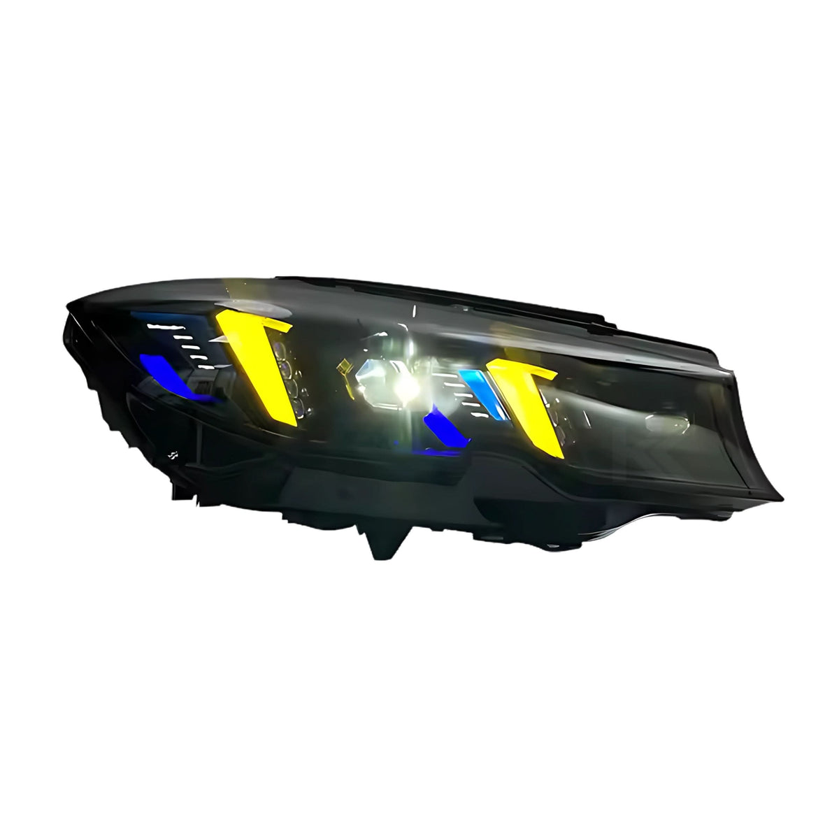 K2 Industries 2019+ BMW 3 Series G20 G28 snake eye style sequential LED headlights, front view showing detailed design