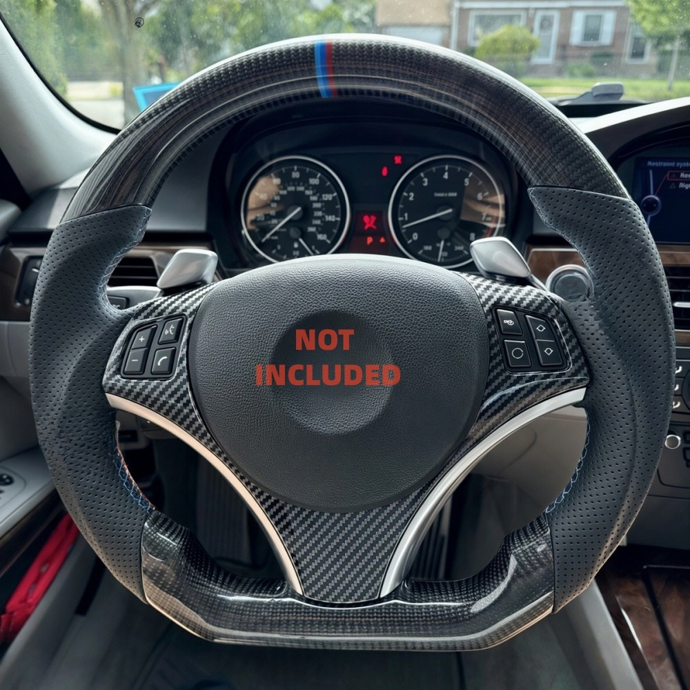 Vekto carbon fiber steering wheel for BMW E90/E92/E93 2009-2020, close-up view showing textured carbon fiber surface and ergonomic design.