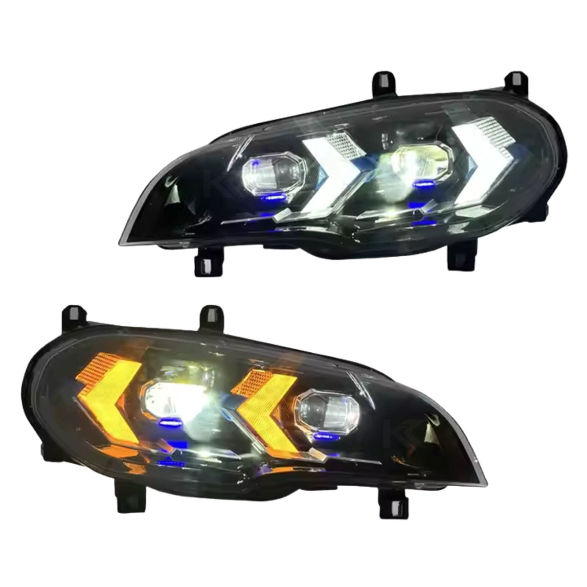 BMW X5 E70 laser style LED headlights from K2 Industries, showing sleek headlight assembly with bright LED and laser accents.