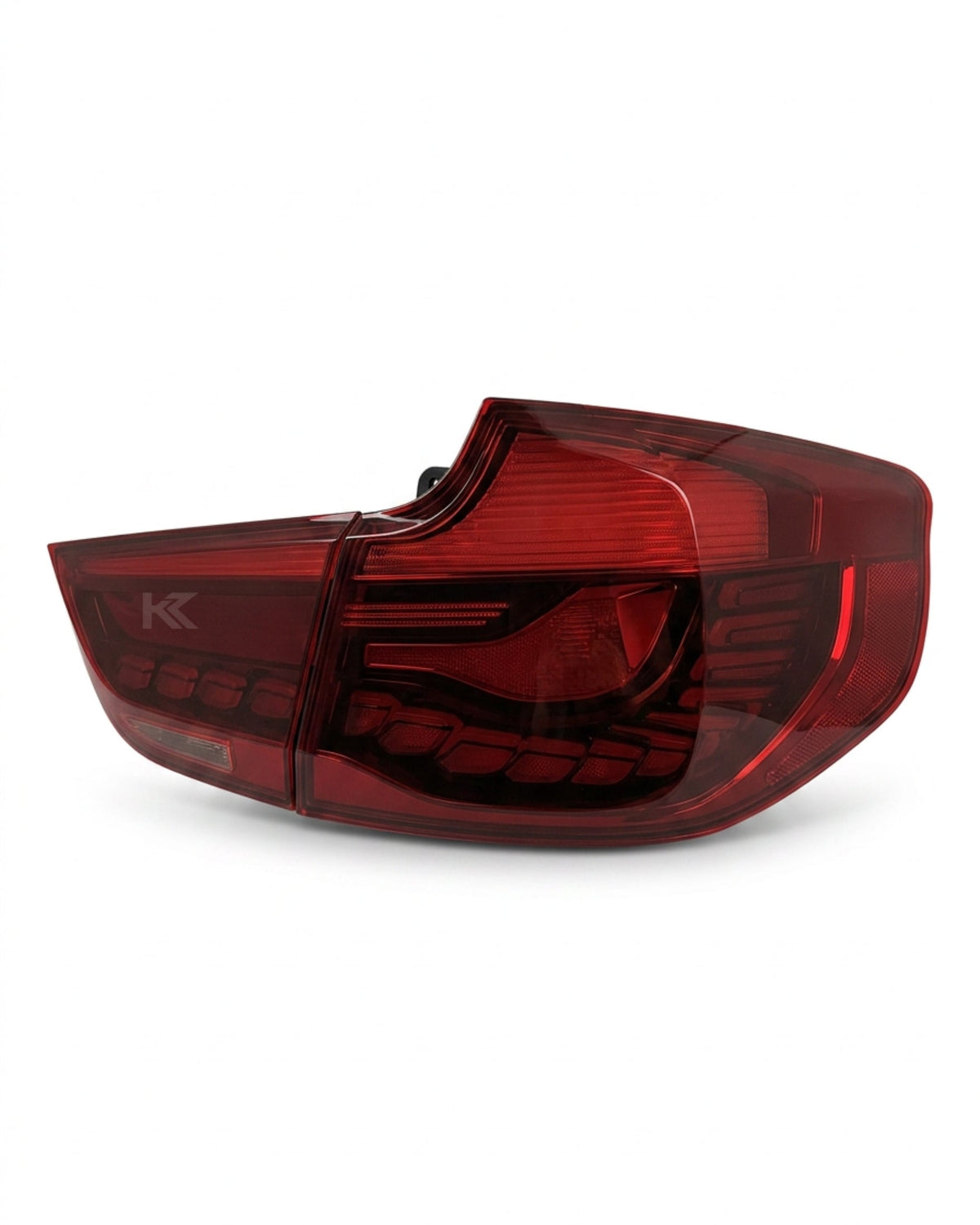 BMW 3-Series F34 GT tail lights in red or smoke GTS OLED style by K2 Industries, showing close-up of sleek automotive lighting.