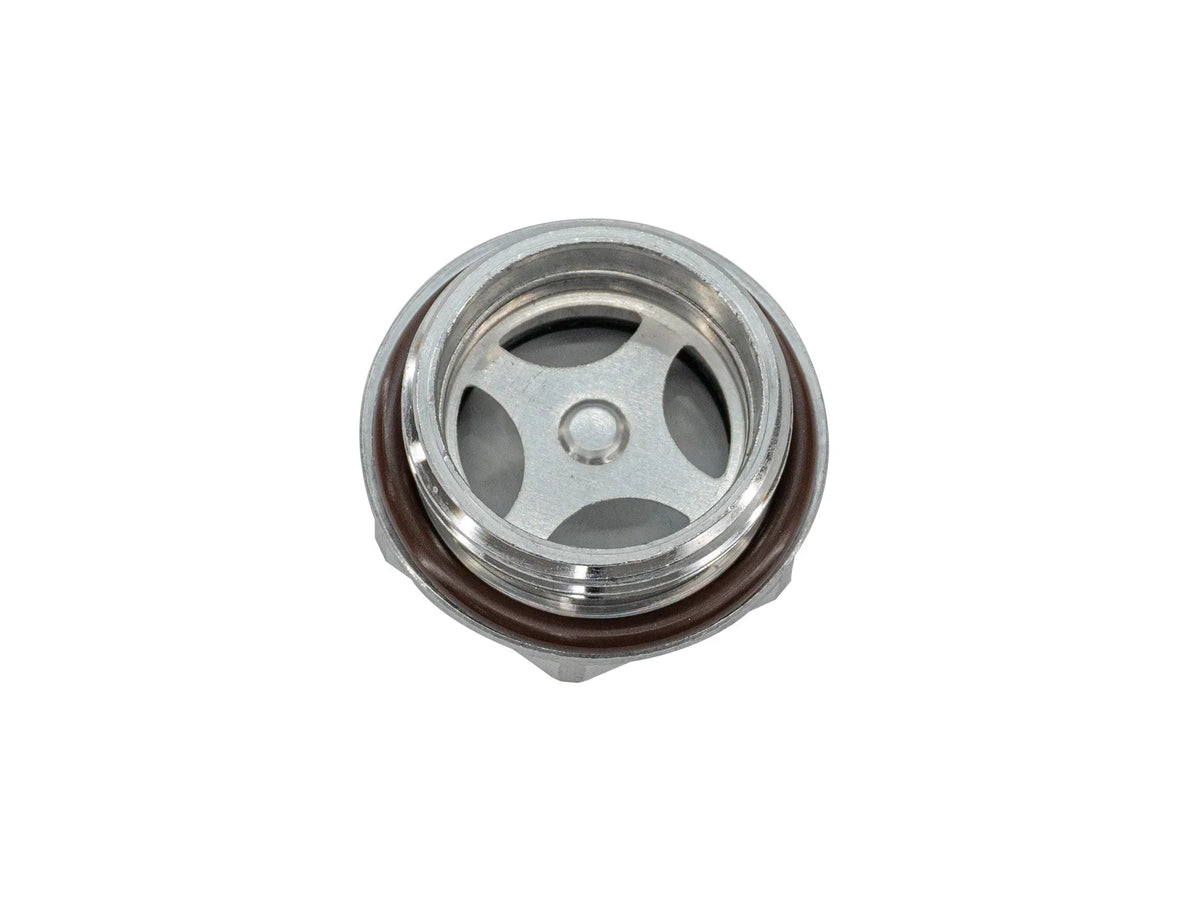 Black sight glass for coolant expansion tank in cooling system, designed for GoWesty vehicles.