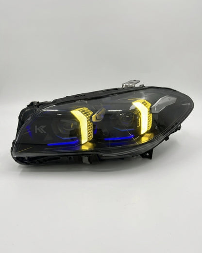 BMW 5 Series F10/F18 LED headlight assembly with high and low beam by K2 Industries, showing the front view of the headlight.