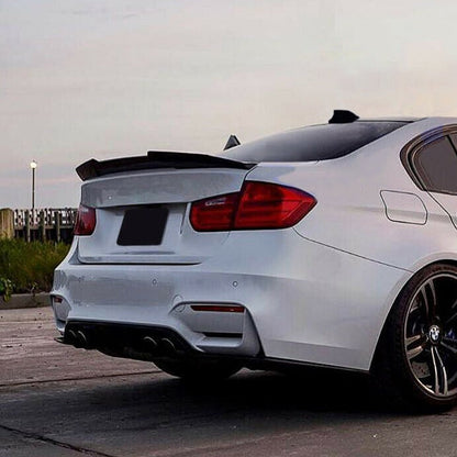 BMW F82 M4 PSM rear spoiler in carbon fiber, lightweight CF trunk spoiler by Palenon Performance, displayed on vehicle.