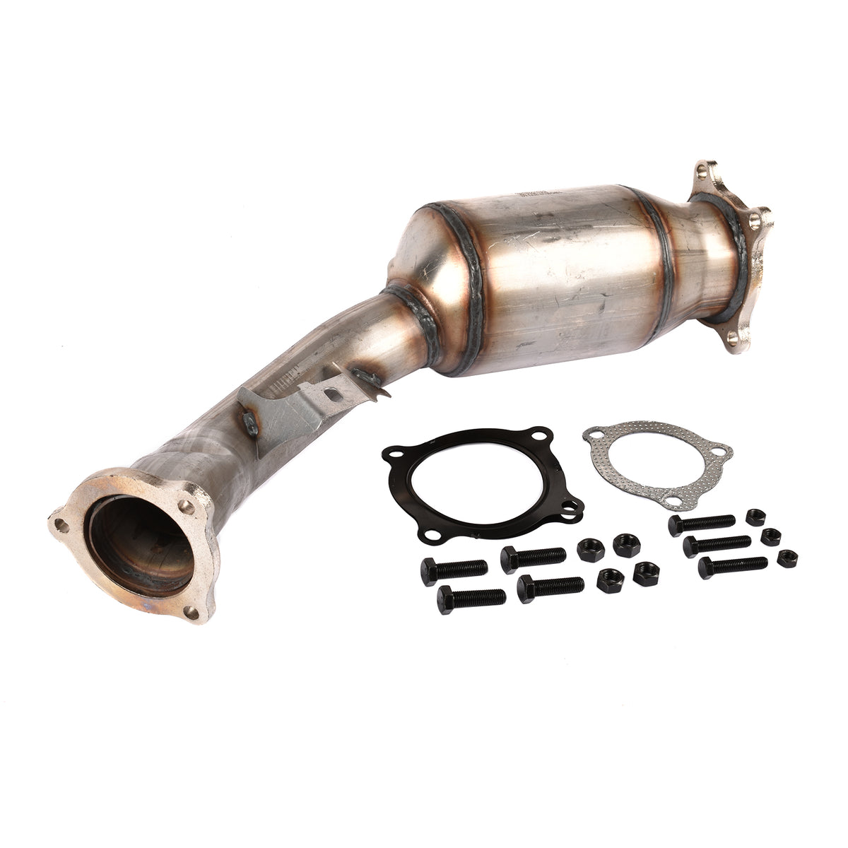 Audi VW exhaust catalytic converter and oxygen sensors from DAS MOTOR HAUS, showing metal components and sensors for vehicle emissions.