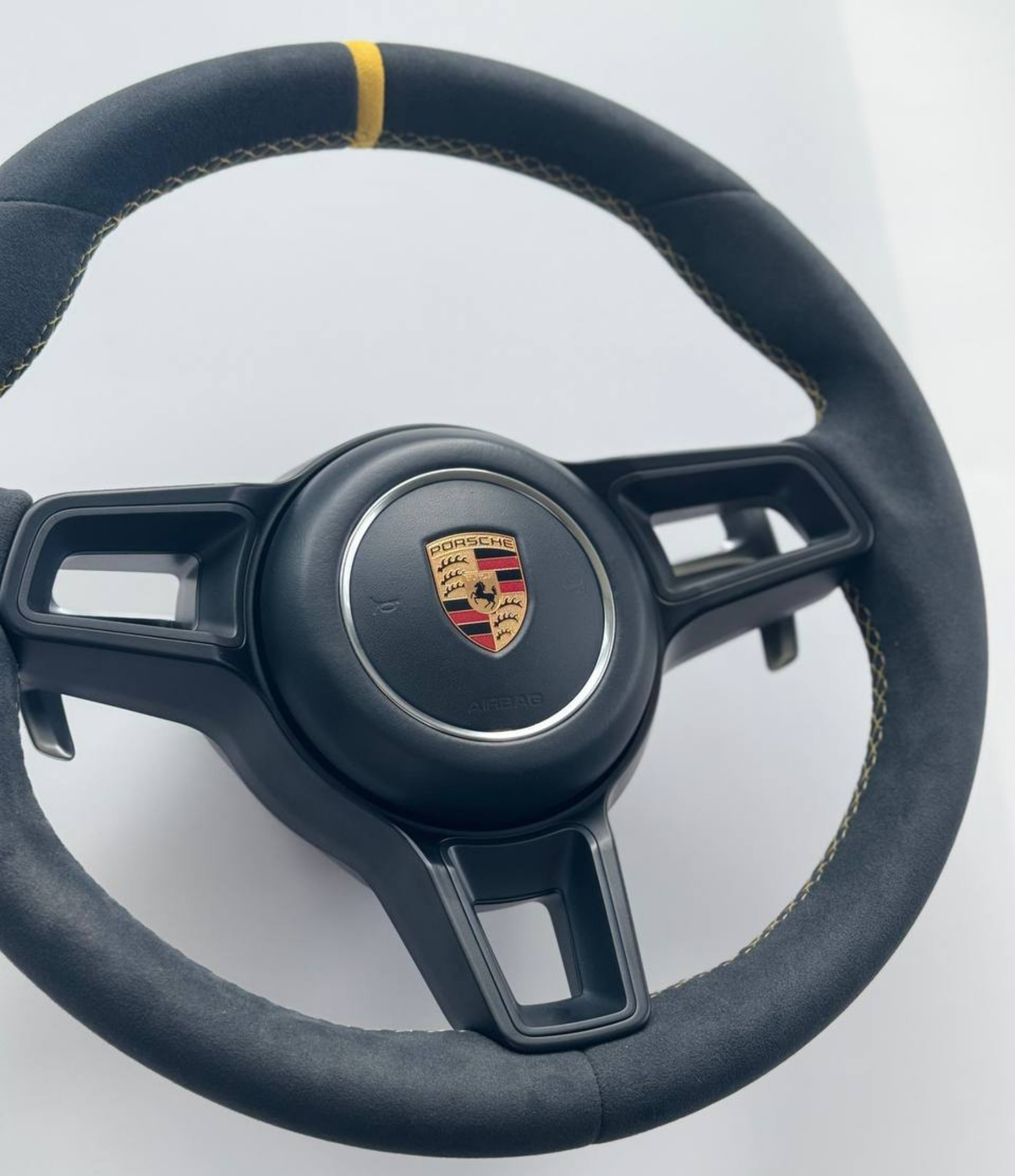 Genuine Porsche 991.2 steering wheel full set in vibrant yellow with black accents, designed by Boston Motortech.