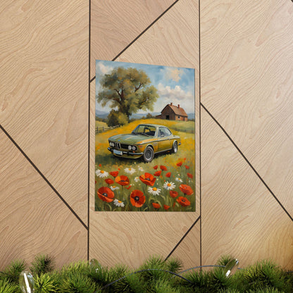1973 BMW 30 CSL Wall Art Taiga Green Spring Poppy Field Countryside Barn Poster Classic German Sports Coupe Oil Painting Fine Art Print for Home Office Decor