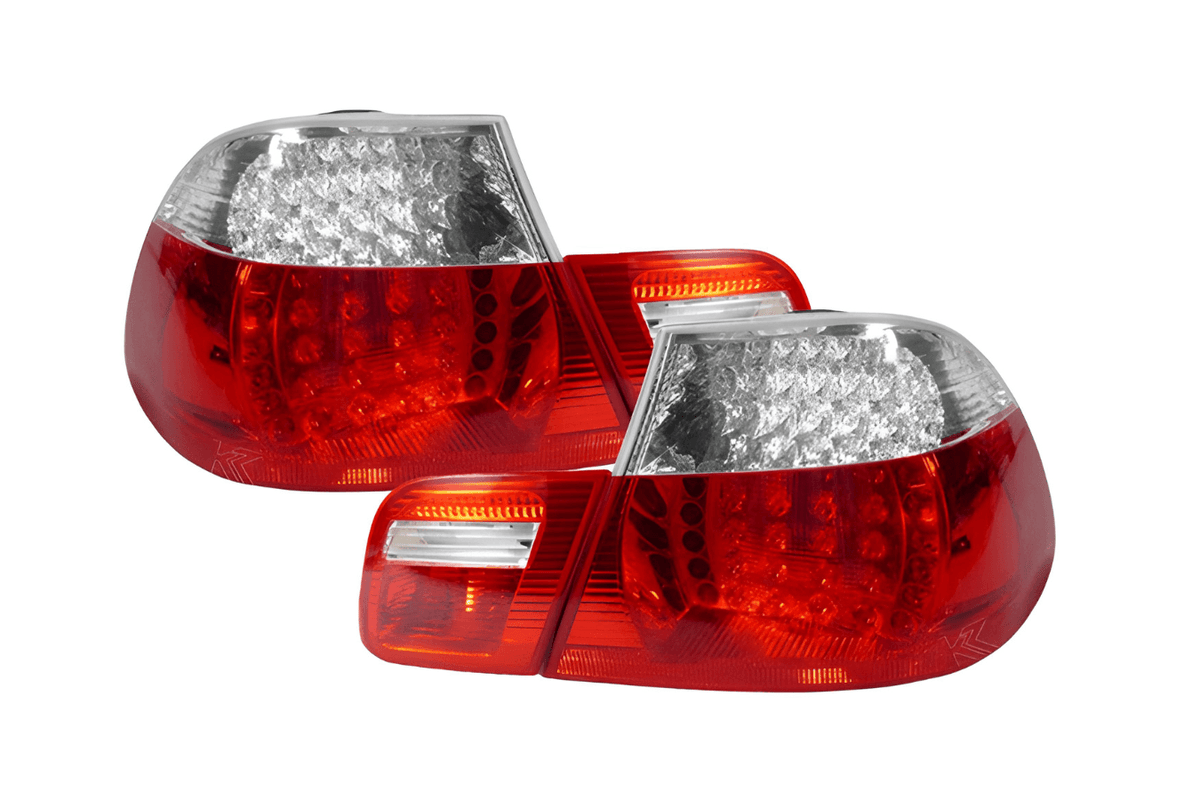 BMW E46 2D Depo LED tail lights by K2 Industries, set of 4, for 2004-2006 model, showing illuminated LED tail light assembly.