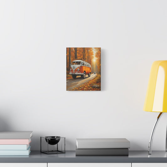 Vintage 1960s VW Type 2 Microbus Canvas Wall Art | Autumn Forest Road Canvas Print | Impressionist Classic Camper Art for Living Room & Office