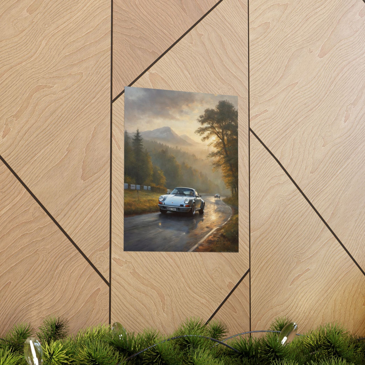 1973 Porsche 911 Wall Art Silver Metallic Nürburgring Nordschleife Misty Forest Racetrack Sunrise Poster Classic German Sports Car Oil Painting Fine Art Print for Home Office Decor