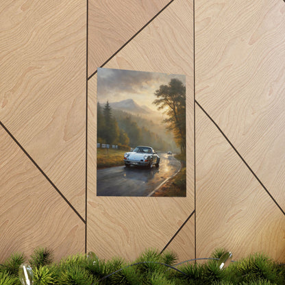 1973 Porsche 911 Wall Art Silver Metallic Nürburgring Nordschleife Misty Forest Racetrack Sunrise Poster Classic German Sports Car Oil Painting Fine Art Print for Home Office Decor