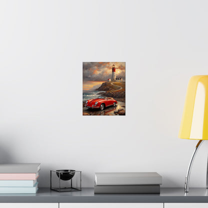 Vintage 1956 Porsche 356 Speedster Poster | Coastal Lighthouse Sunset Wall Art | Impressionist European Classic Sports Car Fine Art Paper Print