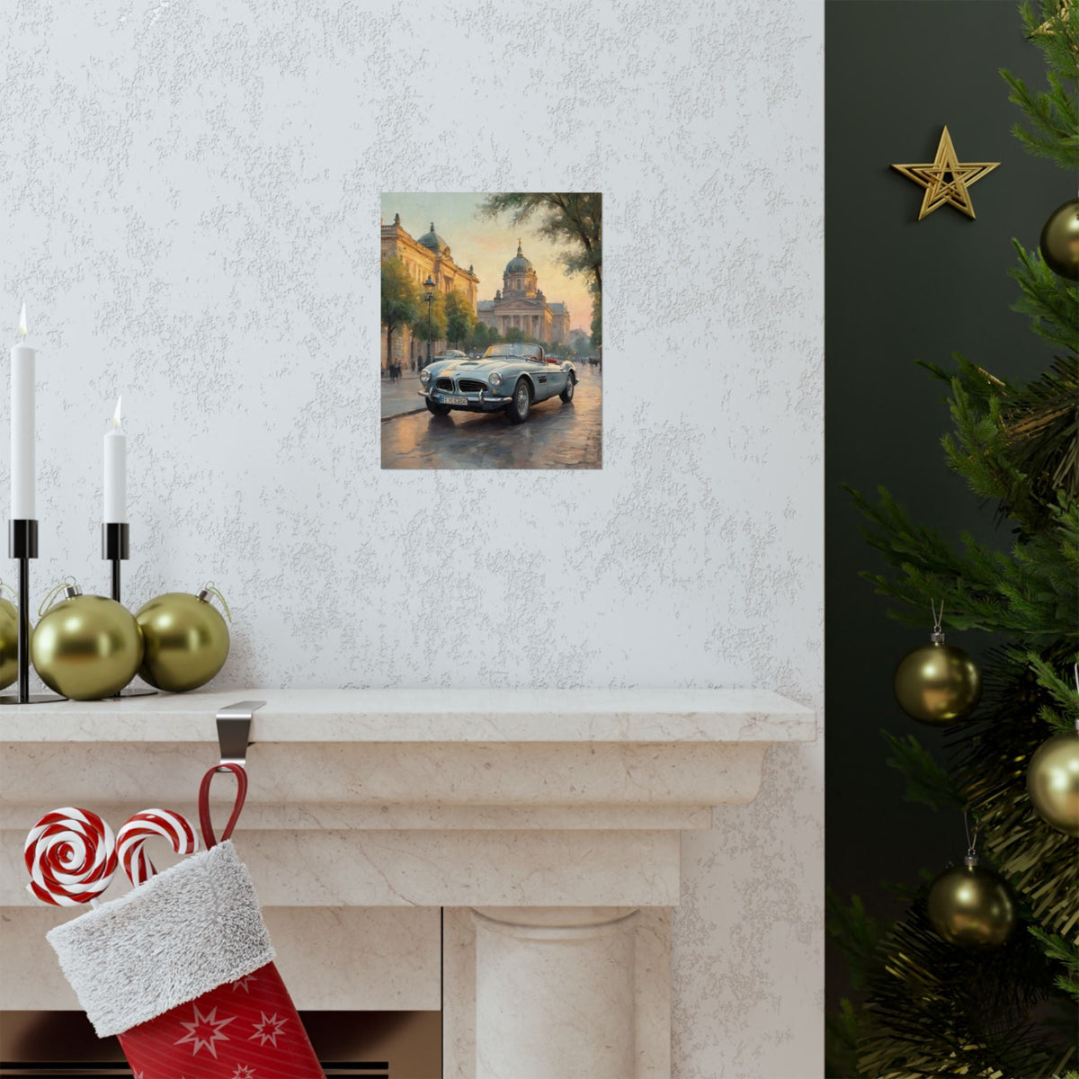 Vintage 1957 BMW 507 Roadster Poster | European City Boulevard Sunset Wall Art | Impressionist European Classic Sports Car Fine Art Paper Print