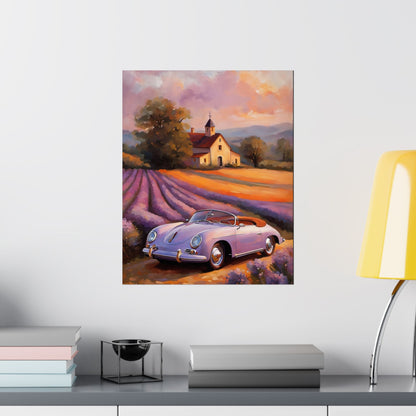 Vintage 1956 Porsche 356 Speedster Poster | Provence Lavender Field Sunset Wall Art | Impressionist European Classic Sports Car Fine Art Paper Print