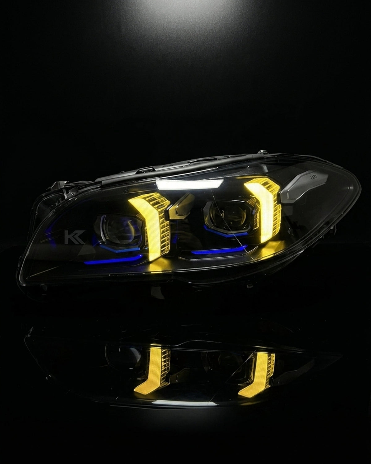 BMW 5 Series F10/F18 LED headlight assembly by K2 Industries showing high and low beam lights for 2011-2017 models
