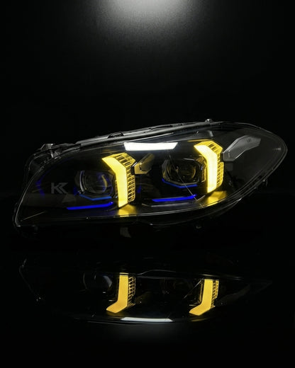 BMW 5 Series F10/F18 LED headlight assembly by K2 Industries showing high and low beam lights for 2011-2017 models