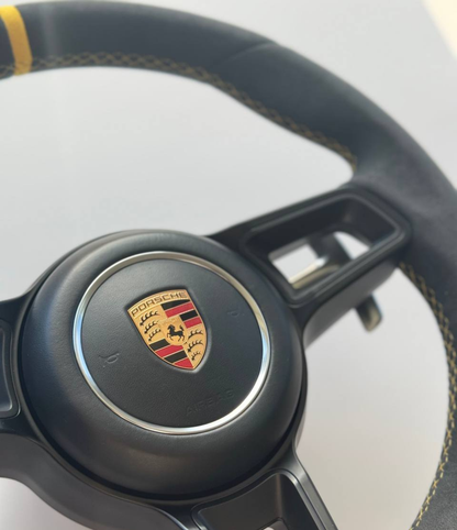 Genuine Porsche 991.2 steering wheel full set in yellow with black accents, featuring Boston Motortech branding and detailed stitching.