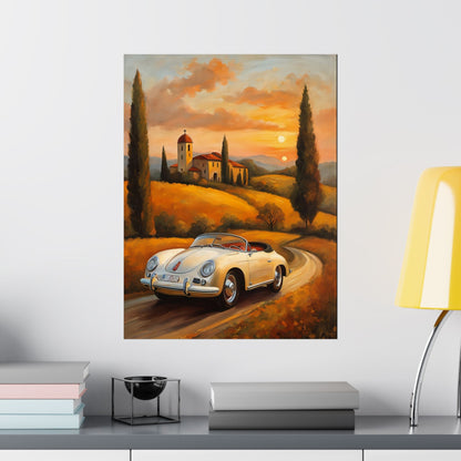 Vintage 1956 Porsche 356 Speedster Poster | Tuscan Countryside Sunset Wall Art | Impressionist European Classic Sports Car Fine Art Paper Print