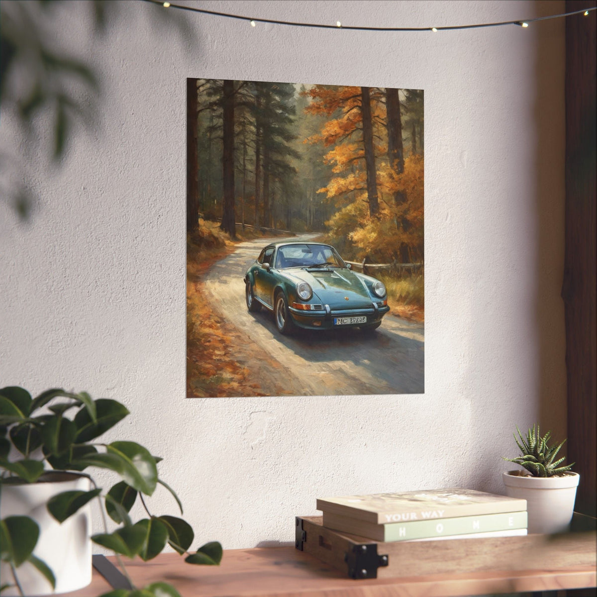 1973 Porsche 911 Wall Art Forest Green Autumn Pine Forest Dirt Road Poster Classic German Sports Car Oil Painting Fine Art Print for Home Office Decor