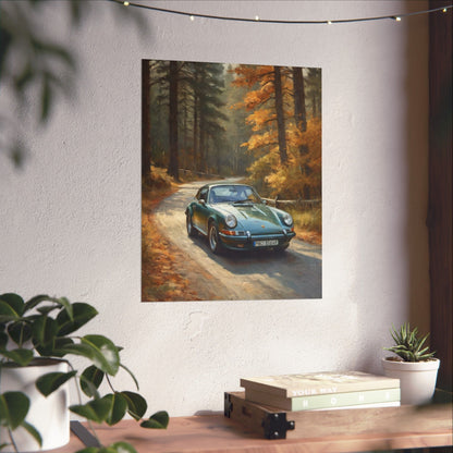 1973 Porsche 911 Wall Art Forest Green Autumn Pine Forest Dirt Road Poster Classic German Sports Car Oil Painting Fine Art Print for Home Office Decor