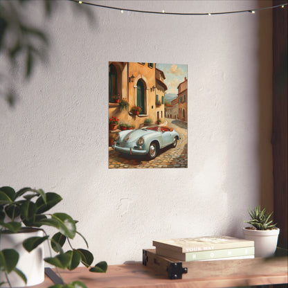 Vintage 1956 Porsche 356 Speedster Poster | Italian Village Street Wall Art | Impressionist European Classic Sports Car Fine Art Paper Print