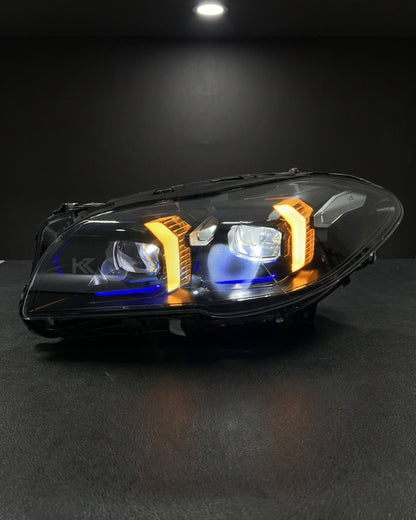BMW 5 Series F10/F18 LED headlight assembly by K2 Industries showing high and low beam sections for 2011-2017 models.