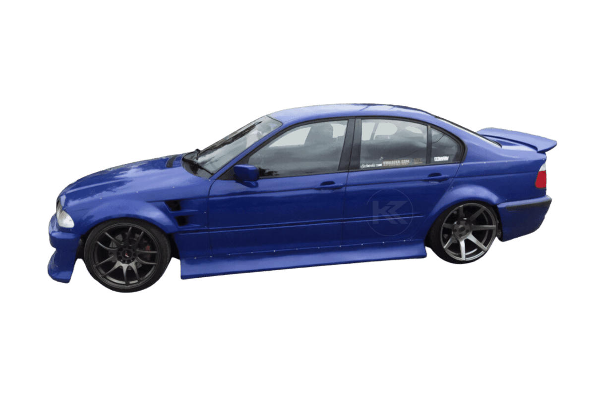 BMW 3-Series E46 sedan with K2 Industries full over fender kit, vented front fenders in ABS or fiberglass, installed on vehicle.