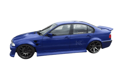 BMW 3-Series E46 sedan body kit by K2 Industries, JDM style ABS plastic front and rear bumper and side skirt components.