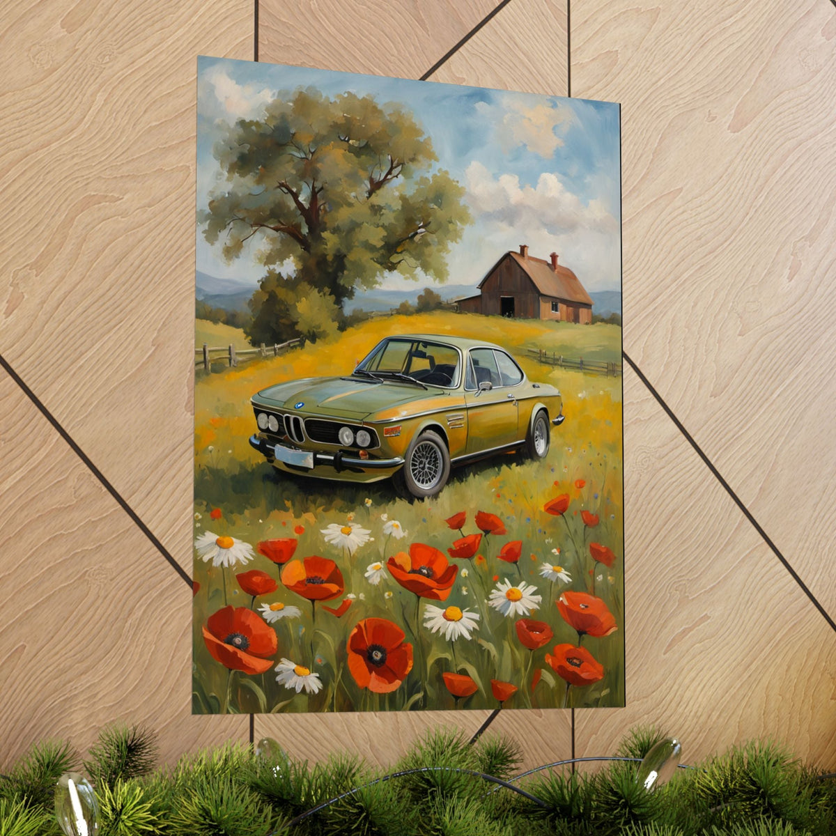 1973 BMW 30 CSL Wall Art Taiga Green Spring Poppy Field Countryside Barn Poster Classic German Sports Coupe Oil Painting Fine Art Print for Home Office Decor