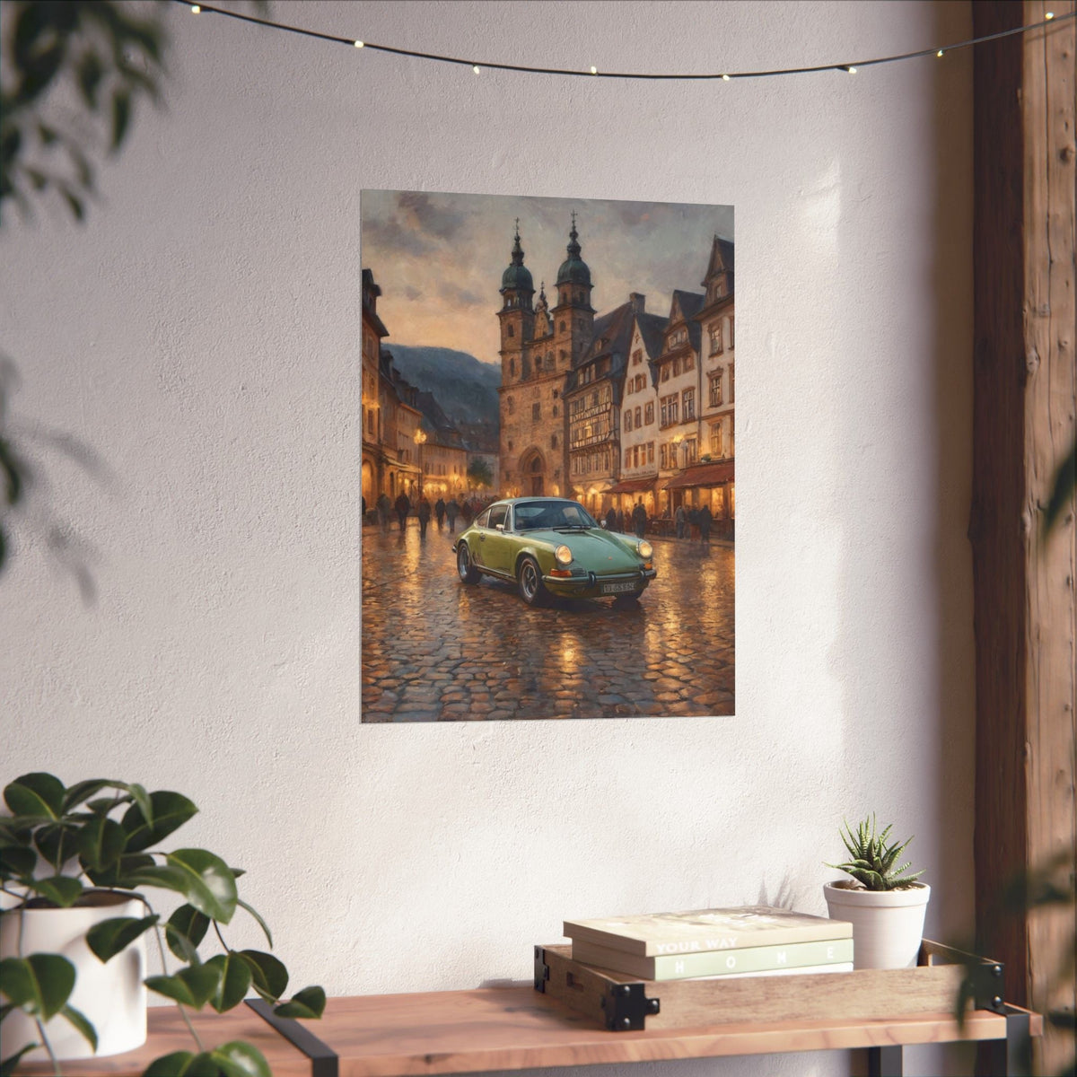 1973 Porsche 911 Wall Art Lime Yellow Green Old German Town Cobblestone Dusk Poster Classic German Sports Car Oil Painting Fine Art Print for Home Office Decor