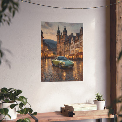 1973 Porsche 911 Wall Art Lime Yellow Green Old German Town Cobblestone Dusk Poster Classic German Sports Car Oil Painting Fine Art Print for Home Office Decor