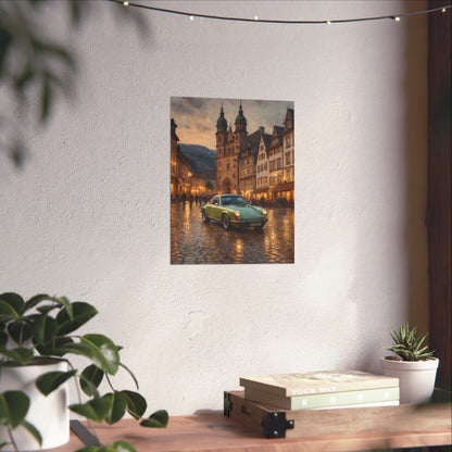 1973 Porsche 911 Wall Art Lime Yellow Green Old German Town Cobblestone Dusk Poster Classic German Sports Car Oil Painting Fine Art Print for Home Office Decor