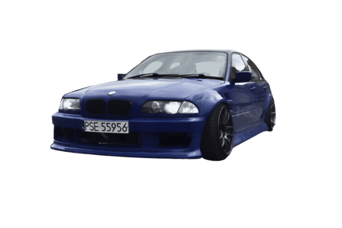 BMW 3-Series E46 Sedan full over fender kit with vented front fenders, made of ABS or fiberglass, by K2 Industries.