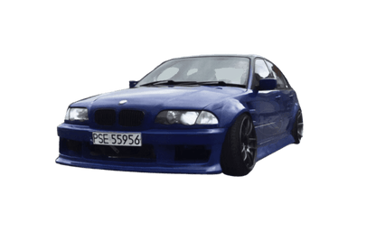 BMW 3-Series E46 Sedan full over fender kit with vented front fenders, made of ABS or fiberglass, by K2 Industries.