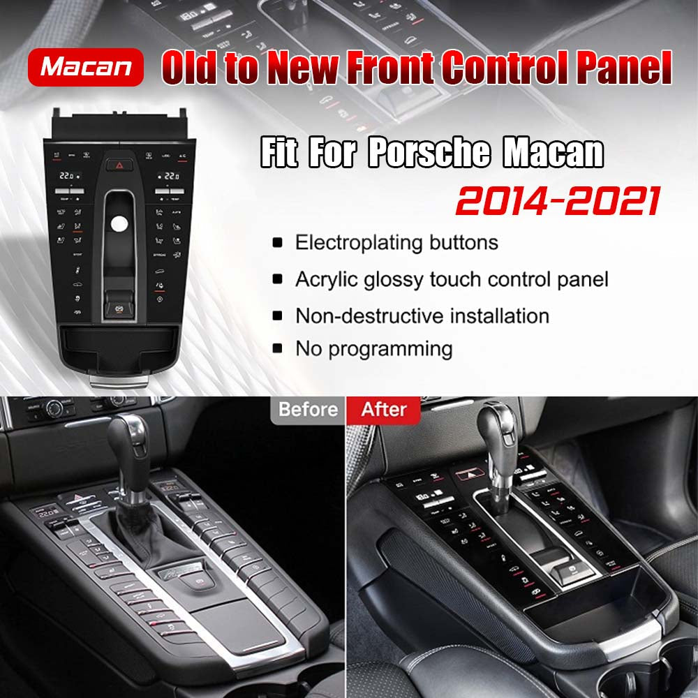 Carlinklife® center console panel for Porsche Macan 2014-2021, close-up view of the interior car accessory with detailed finish.